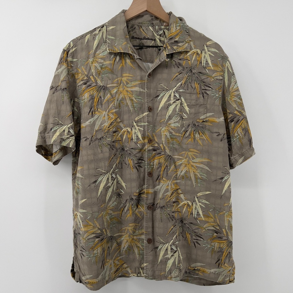Tommy Bahama Short Sleeve Collared‎ Camp Shirt 100% Silk Taupe Tropical Men M